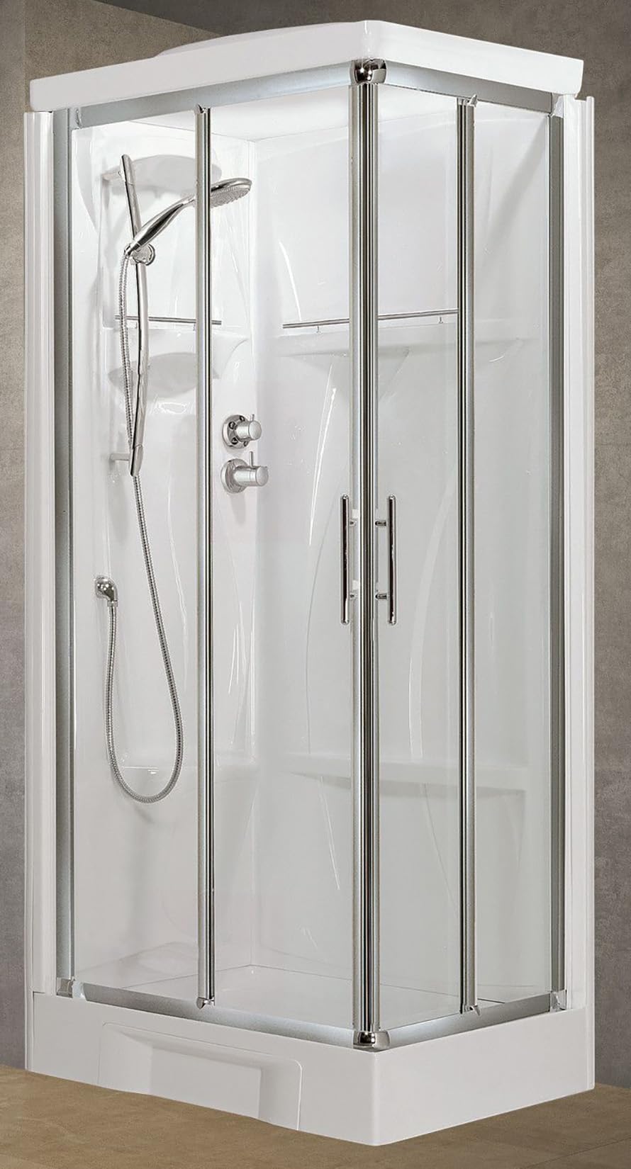 Novellini New Holiday A90 Standard con techo 90 x 90 cm Cabina de ducha equipada 2 puertas correderas 2 fijas ángulo derecho izquierdo mezclador mecánico vidrio transparente perfil plateado alto 217,5