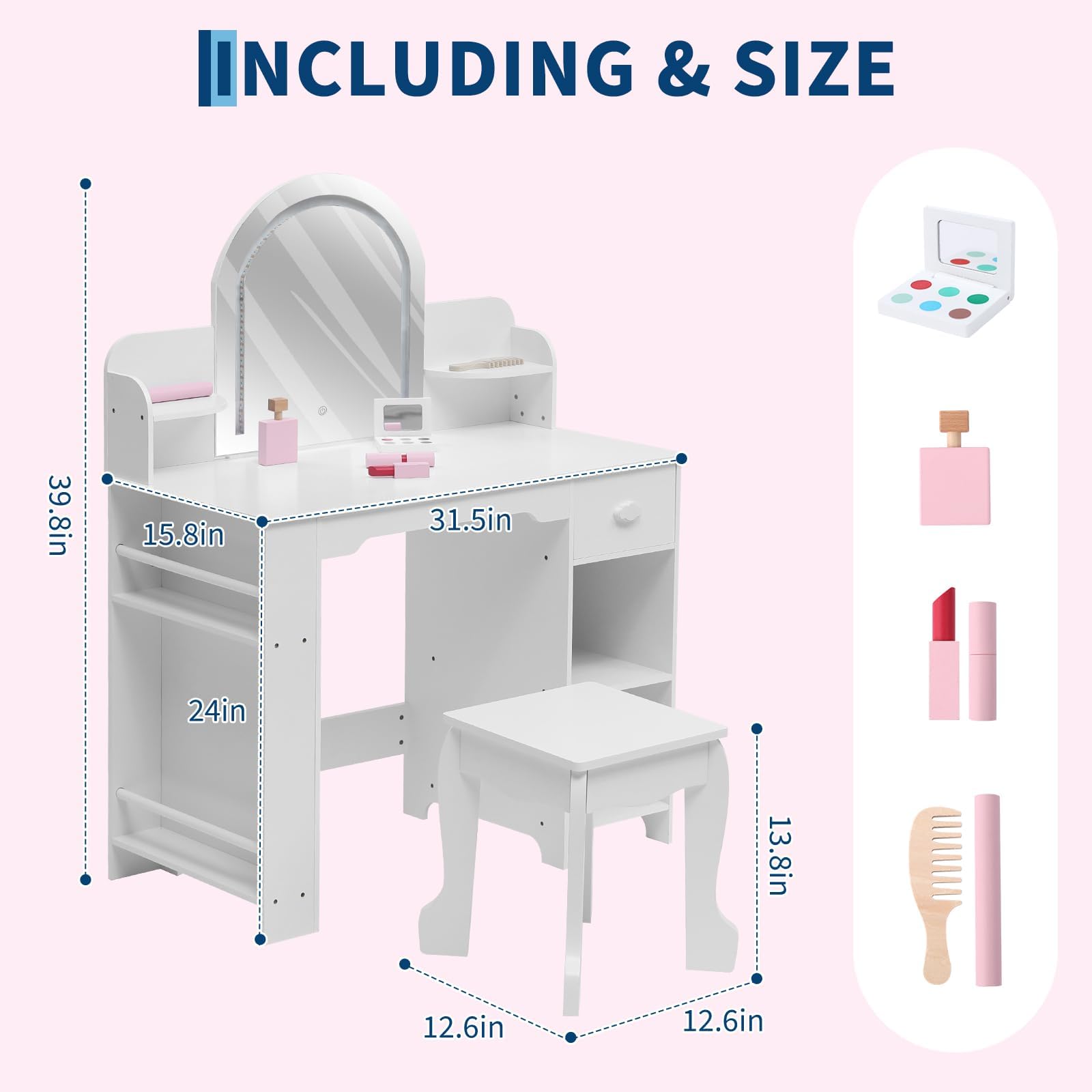 Tocador de Maquillaje 2 en 1 con Luz y Espejo, Tocador Niña con Taburete, Tocador Infantil con Luces LED Ajustables, Estantes de Mesa y Bajo Mesa, Cajones y Estanterías Laterales