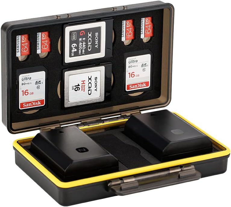Water-Resistant Anti-Shock Camera Battery Case For Canon LP-E6 E8 E12 E17, NB-13L, Nikon EN-EL15 14, Fujifilm NP-W126 126S 95, Sony NP-FZ100, NP-FW50, NP-BX1, SD/MSD/XQD Memory Card Slots (BC-3UN1)