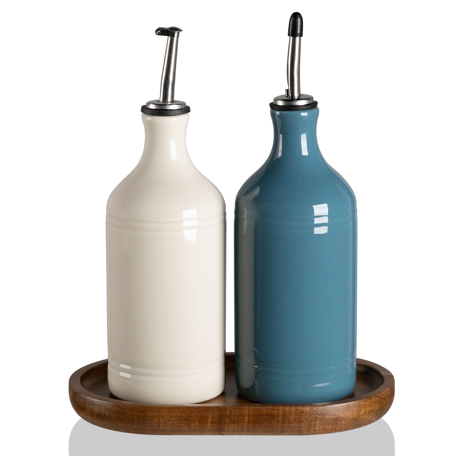 Sweejar Home Ceramic Olive Oil Dispenser Bottles with Tray, 460ML Oil Dispenser Set for Kitchen Counter, Opaque Oil Cruet for Storage Soy Sauce, Vinegar, Liquids, Pack of 2 (BeigeFogblue)