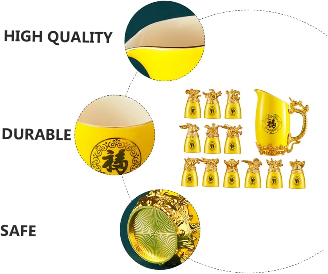 VOSAREA 1Set Plated Chinese Zodiac Wine Cups with Liquor Dispenser Traditional Ceramic Drinking Kit for Home Special Occasions Yellow