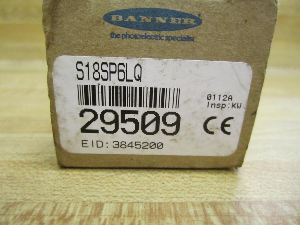 Close-up of the product label on the box, showing model number S18SP6LQ, part number 29509, CE mark, and EID: 3845200