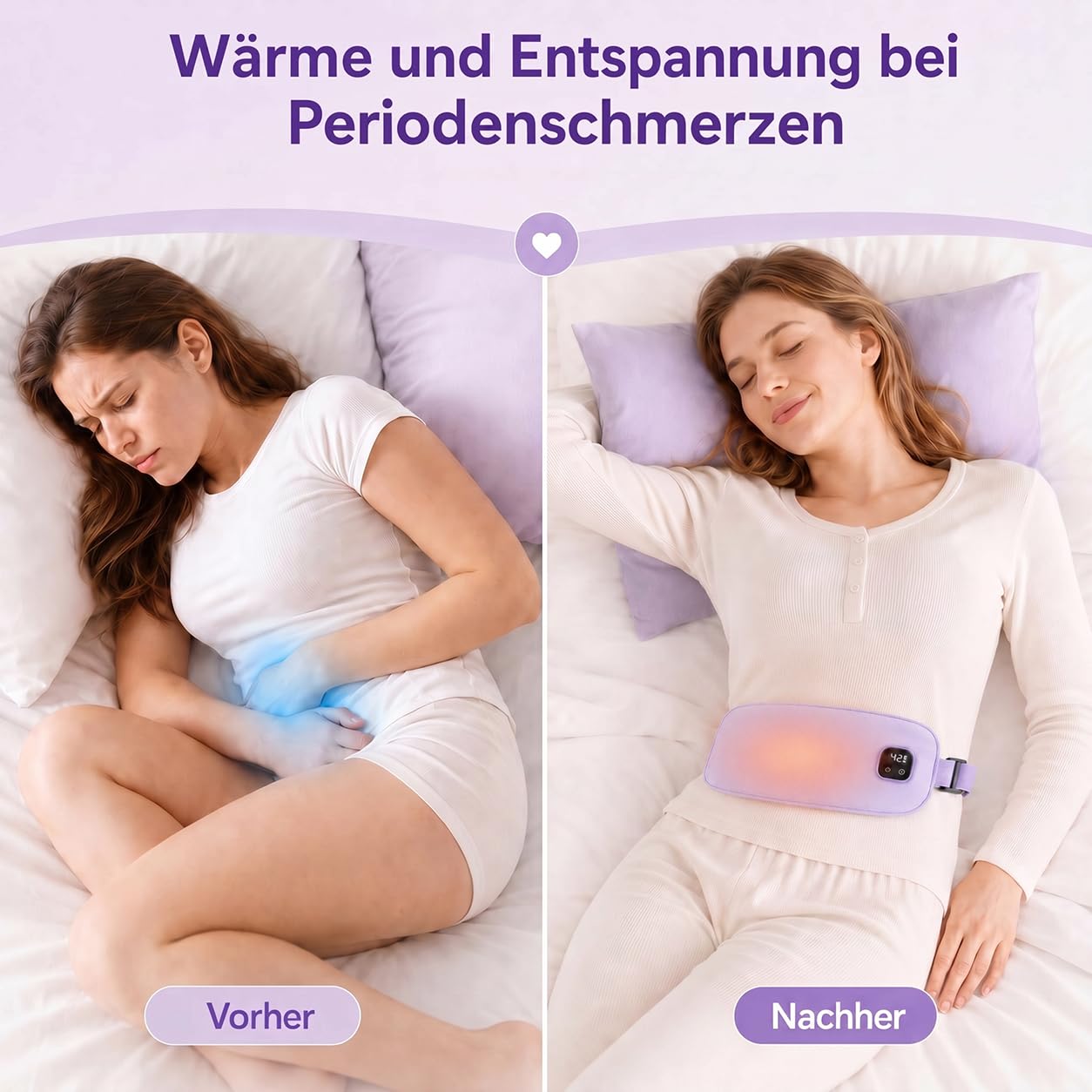 Wärmegürtel Periode, 5000mAh Perioden Wärmegürtel für Krämpfe, 3 Wärmestufen&Vibrationsmassage, 11x140cm Kabellos Heizgürtel für Periode-Bauch und -Rücken, Geschenk für Frauen und Mädchen (Lila)