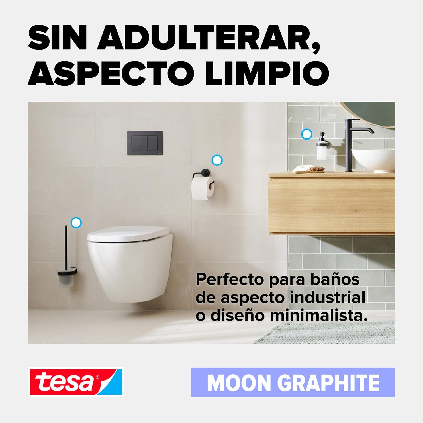 tesa® Moon Toallero Autoadhesivo de 2 Brazos - Doble Barra de Metal Revestido de PVD, Cepillado en Grafito - sin Taladrar, Incluye Solución Adhesiva - 84 mm x 50 mm x 456 mm