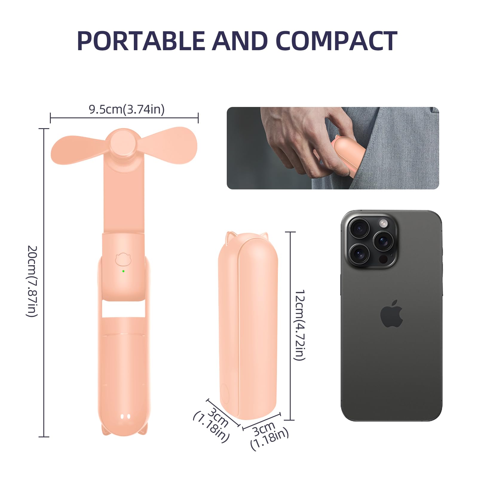 Jsdoin Ventilatore Portatile, 3 Velocità Ricaricabile Ventilatore Tascabile con Banca di potere, Cordino, Mini Ventilatore per Casa, Ufficio, Viaggi e all’aperto (Rosa)