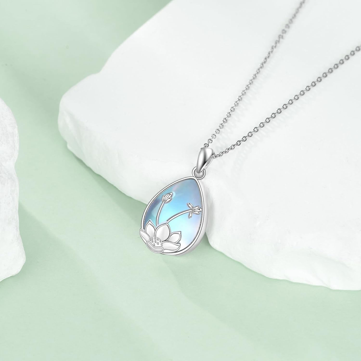Lotus Necklace Sterling Silver Teardrop Moonstone Pendant Necklace for Women Lotus Flower Jewelry Yoga Jewelry