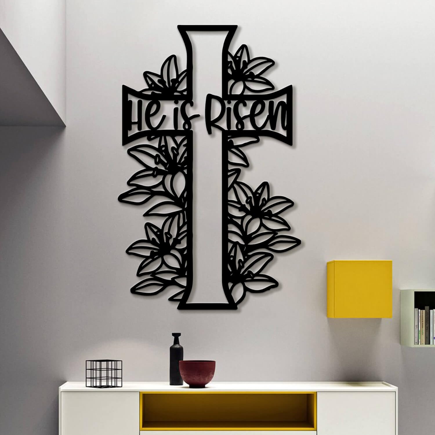 Metal Wall Art Sculpture Decor, He Is Risen Cross, Easter, religijny prezent do dekoracji wnętrz, duży chrześcijański krzyż do kościoła w salonie (złoty, 19 cali x 30 cali)