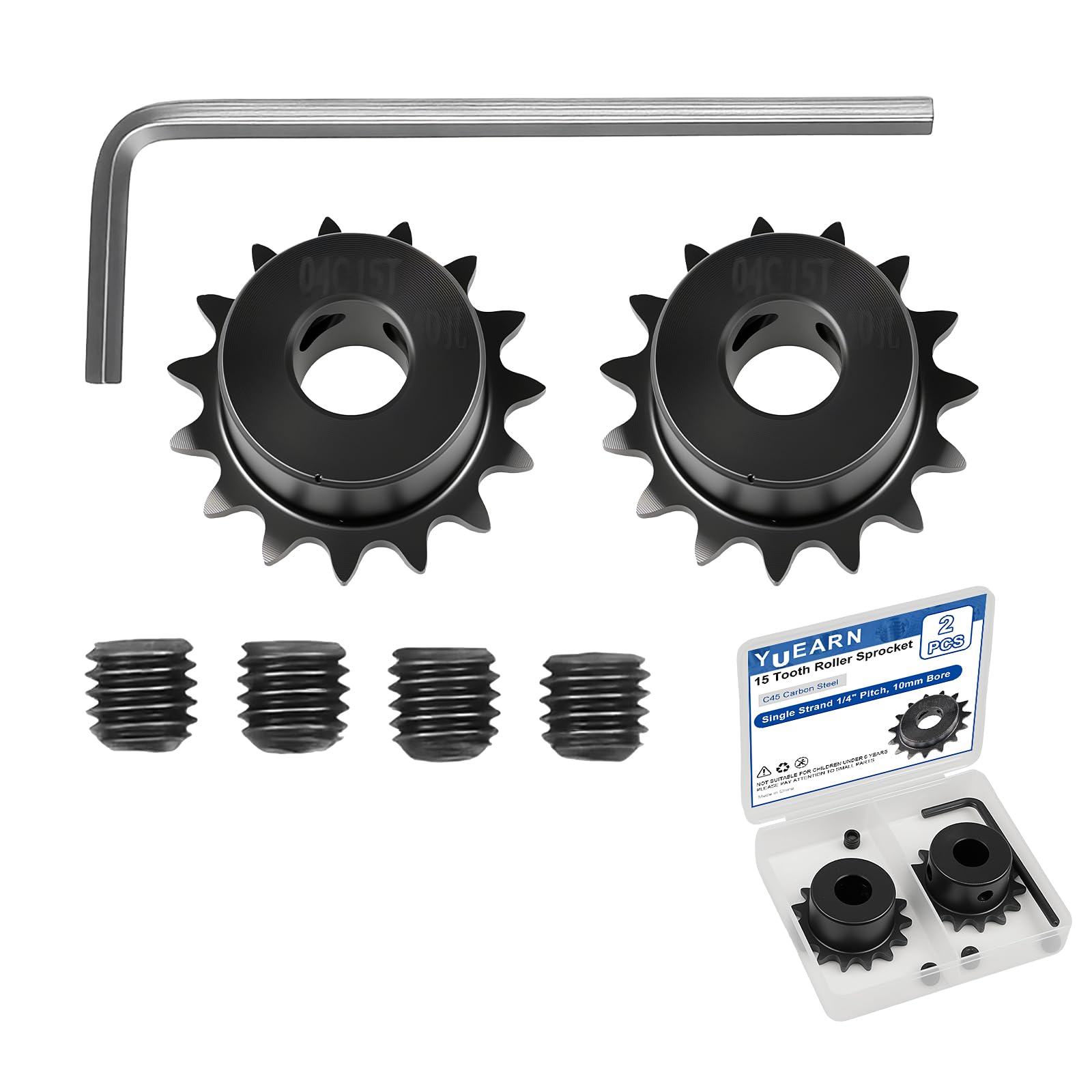 2Pcs 15 Tooth Roller Sprocket B Type, Single Strand 1/4 Inch Pitch, #25 Chain, 10mm Bore Black Oxide C45 Carbon Steel with Set Screws for ISO 04C