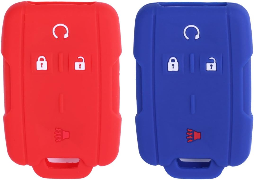 2Pcs XUHANG Sillicone Key fob Skin Key Cover Remote Case Protector Shell for Chevrolet Silverado Colorado GMC Sierra Yukon Cadillac Smart Remote red Blue