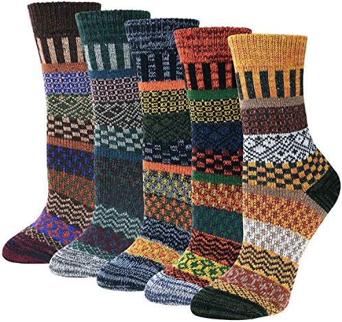 Justay Comf 5pairs Women Socks Merino Wool Winter Thermal Soft Classic Chunky Socks for Ladies Breathable Premium Hiking Socks Sweat-wicking, Wool Socks Gift for Men Women 4-8 Yellow, purple, brown