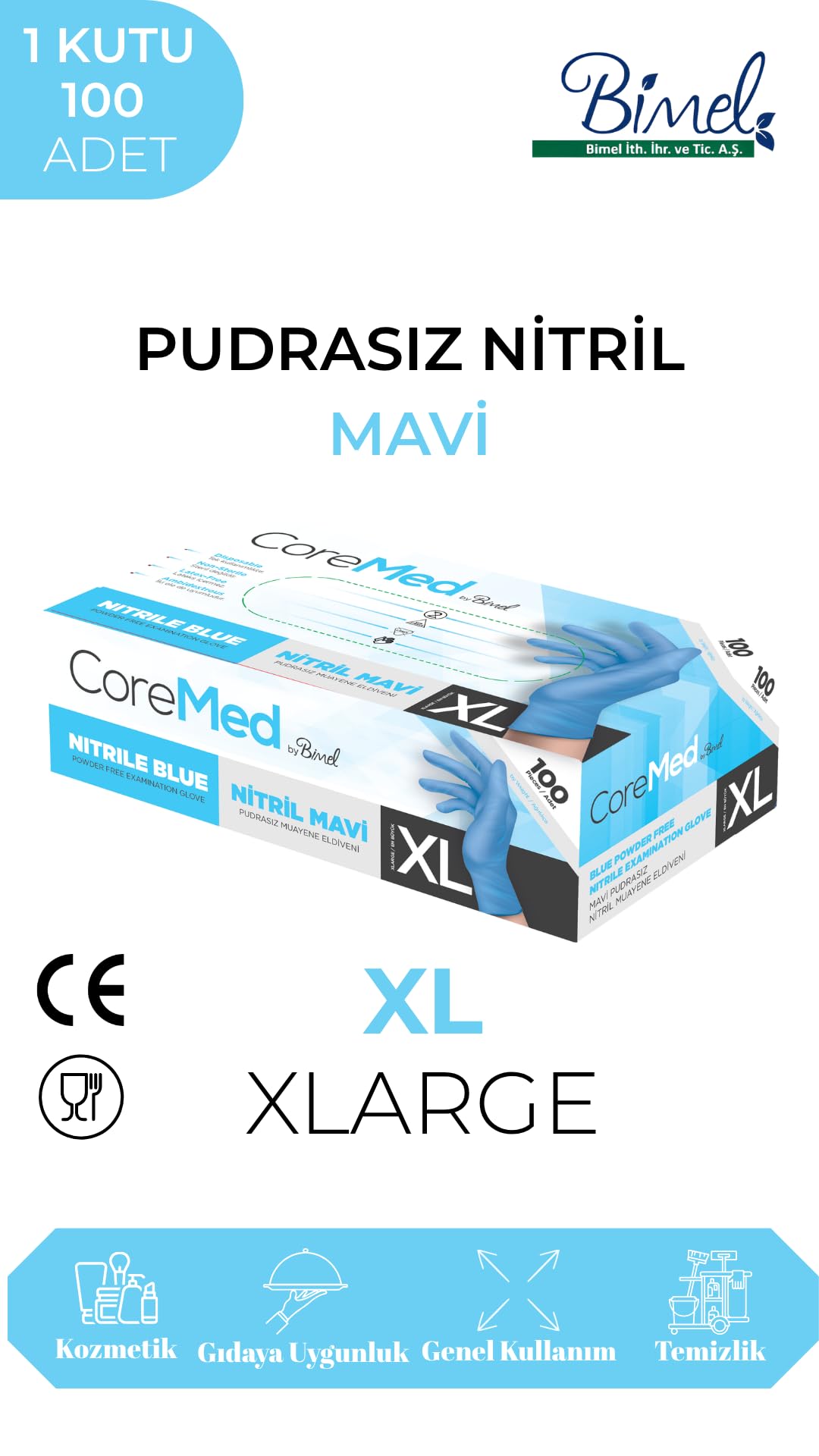 CoreMed Mavi Nitril Eldiven - Tek Kullanımlık, Pudrasız, Çok Amaçlı, 100'lü Kutu - Dayanıklı ve Esnek (M)
