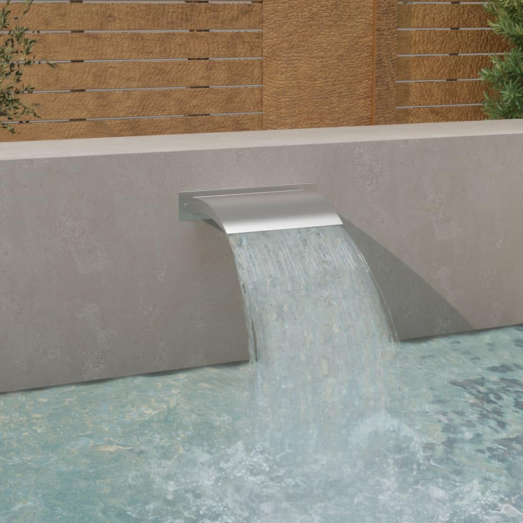 Pool Wasserfall silbern aus Edelstahl SS 304, 45 x 26 x 13 cm, Schwalldusche für Pool, Teich, Garten, Terrasse, Balkon und Innenbereich mit ruhigem Wasserspiel