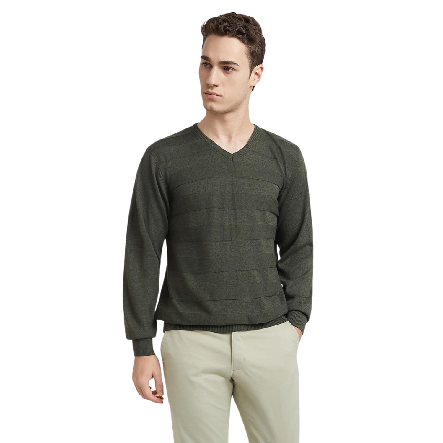 Men's Regular Fit Acrylic Wool Blend Full Sleeve V Neck Solid Pattern Dark Green Casual Sweater