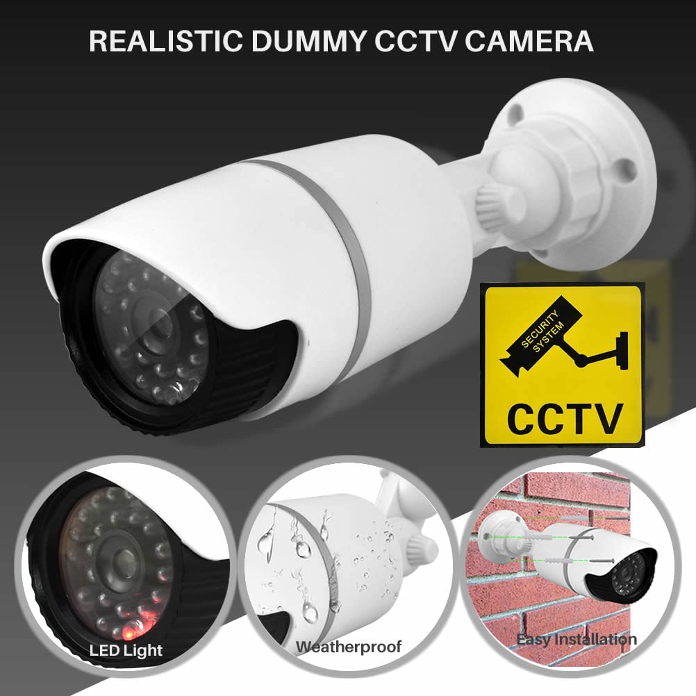 JUSTOP Cámaras CCTV falsas, 2 cámaras de seguridad falsas con LED intermitente, impermeables para uso en interiores o exteriores, carcasa profesional en blanco y negro (paquete de 2 unidades)