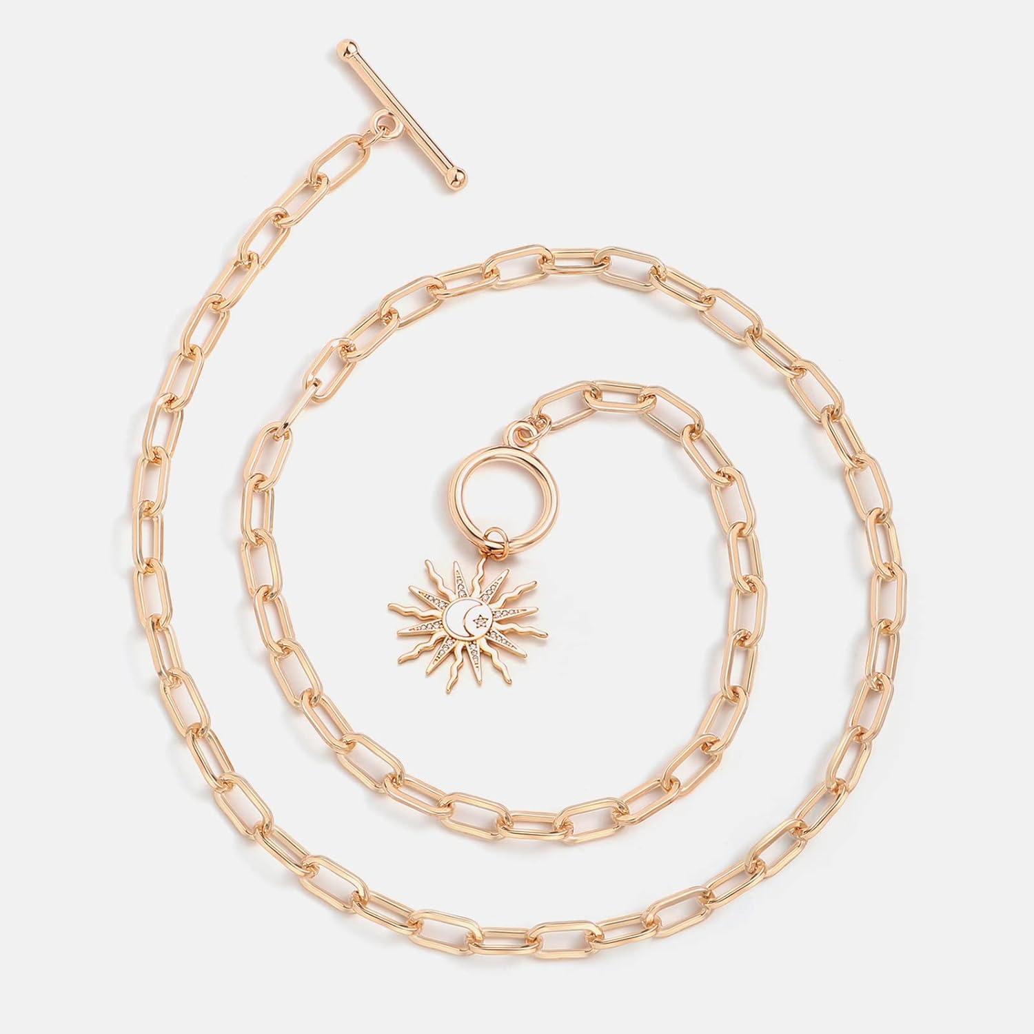 DoreenBeads 18K Gold Sun Moon Star Compass Pendant Necklace Chunky Toggle Paperclip Chain Necklace with Heart Daisy Bee Charms for Women Girls 20 Inches - Image 6