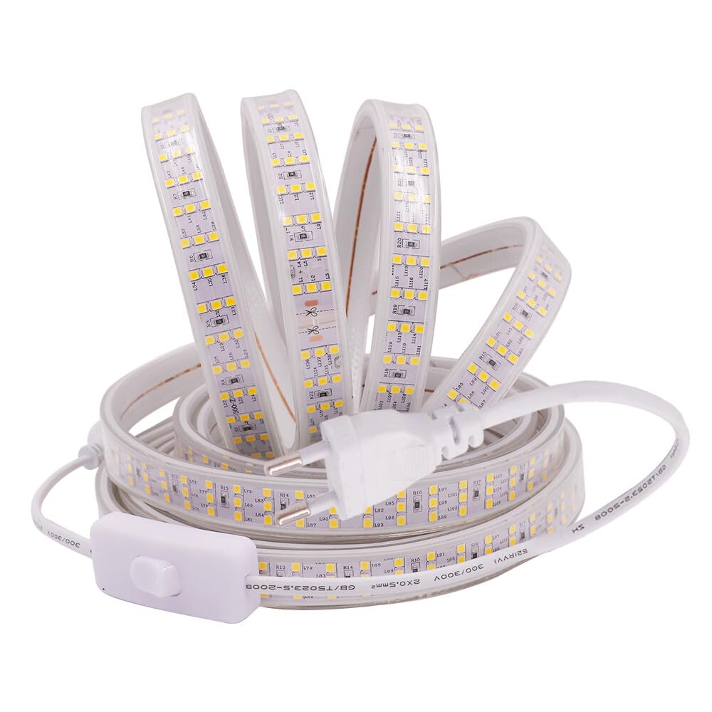 Tira LED 220V con Encendido/Apagado [15M, Blanco cálido 3000-3500K], IP65 Impermeable Flexible, 276 LEDs/m Tira LED Cortable CRI85+, Decoración para Hogar/Tienda