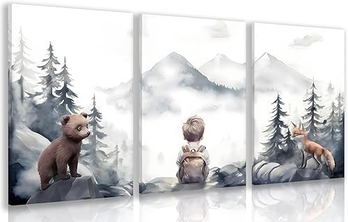 kilamino Arte de pared de animales salvajes de bosque neutro, bonito oso zorro, decoración de pared para guardería, impresiones de póster de niño de