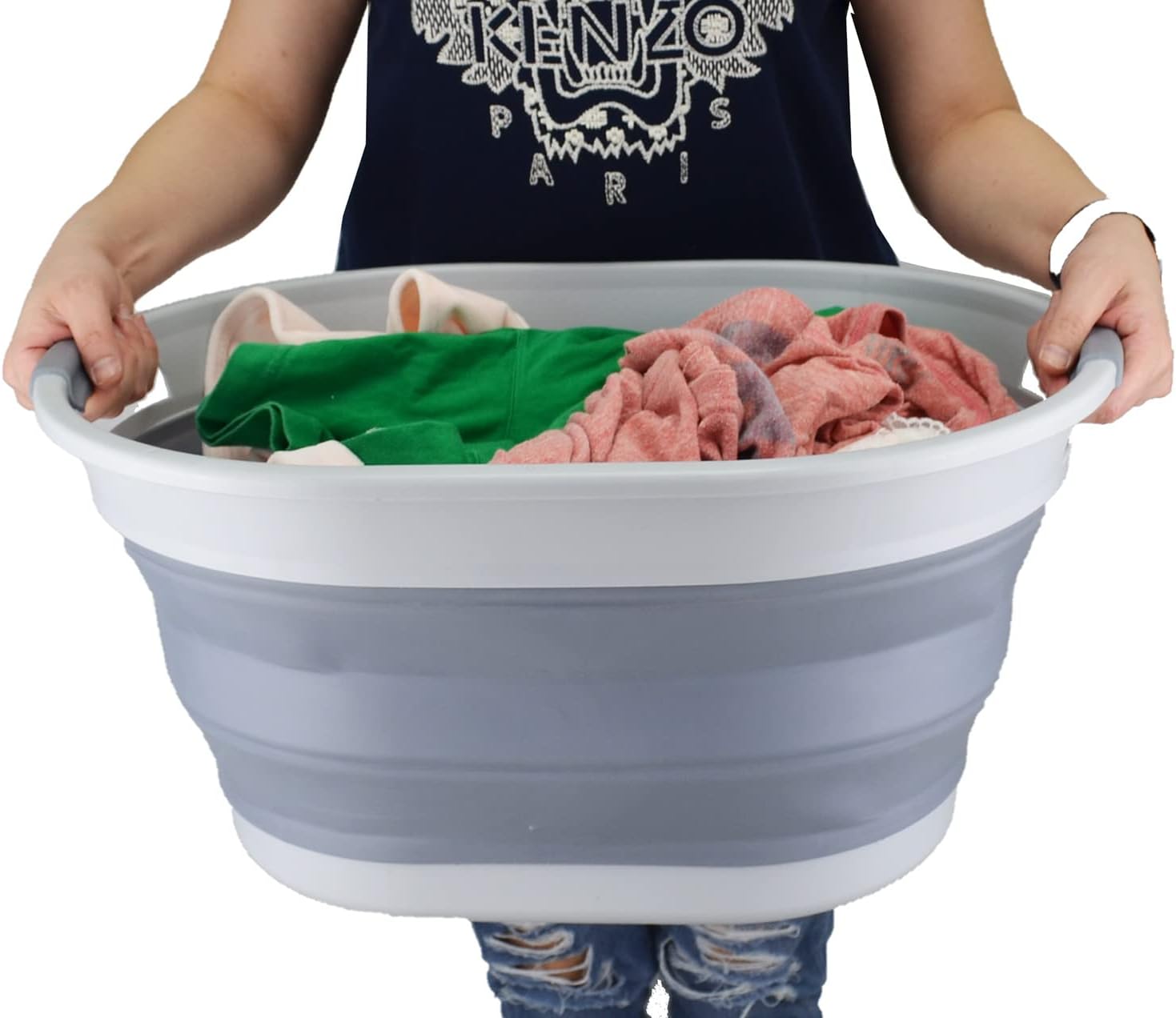 SAMMART 28L (7.4 Gallon) Oval Collapsible Plastic Laundry Basket - Foldable Pop Up Storage Container/Organizer - Portable Washing Tub - Space Saving Hamper/Basket (Grey (Set of 2))