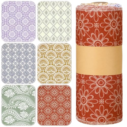 Image of Redbaker 30 Pcs Reusable Paper Towels Rolls Towels Bulk Kitchen Washable Paperless Cloth Cotton Hand Napkins with Cardboard Reusable Napkins for Kitchen Bathroom (Bohemian)