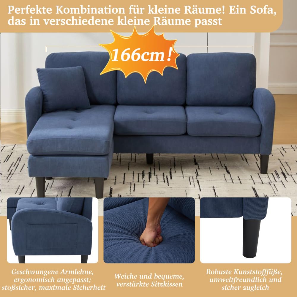 Divano angolare con chaise longue intercambiabili,divano 2-3 posti con 1 cuscino,tasche laterali,Divano imbottito,Gambe per sedie in plastica,design modulare,Velluto a coste,Blu(166x118x77 cm)