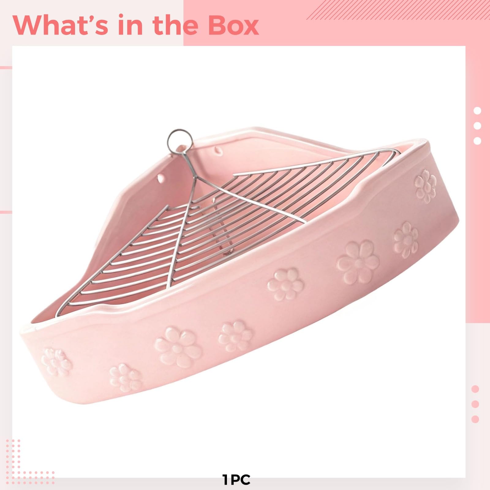 Caja de arena esquinera grande de cerámica para cobayas, conejo, chinchilla, 12.6 x 9.4 x 4.3 pulgadas, caja de entrenamiento con patrón de flores rosas con rejilla de metal, fácil de limpiar