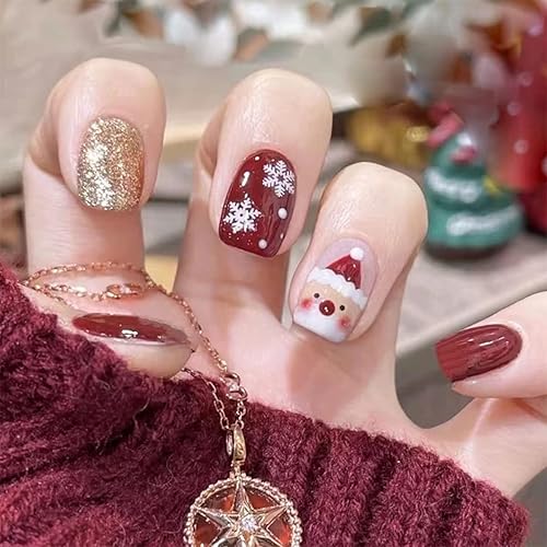 Uñas postizas a presión con diseño de copo de nieve rojo de Navidad lindas uñas postizas cuadradas cortas de Navidad uñas postizas medianas de