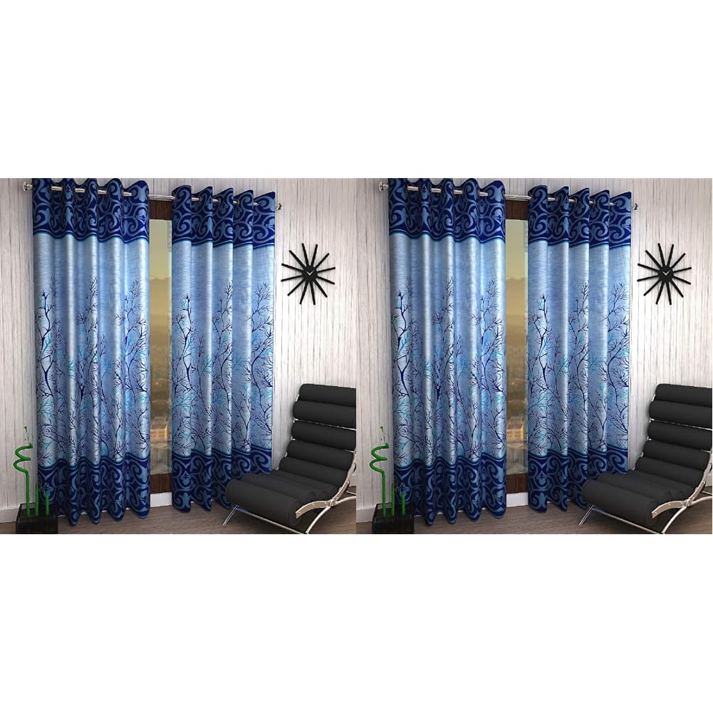 Home Sizzler 2 Piece Elegant Panel Eyelet Polyester Door Curtains - 7 Feet, Blue & Home Sizzler 2 Piece Elegant Panel Eyelet Polyester Window Curtains - 5 Feet, Blue