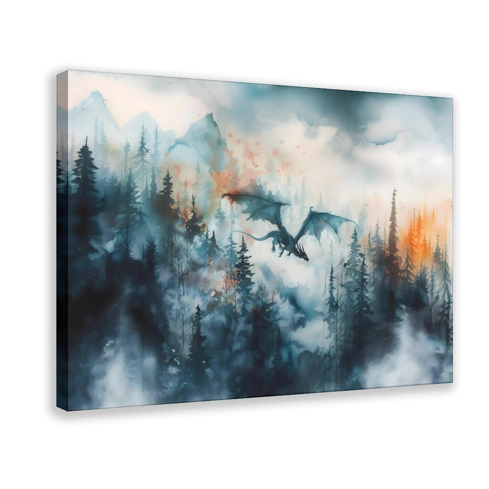 Bareronor Forest Dragon Watercolor Art (3) Canvas Poster Bedroom Decor Landscape Office Room Decor Gift 12" L X 18" W