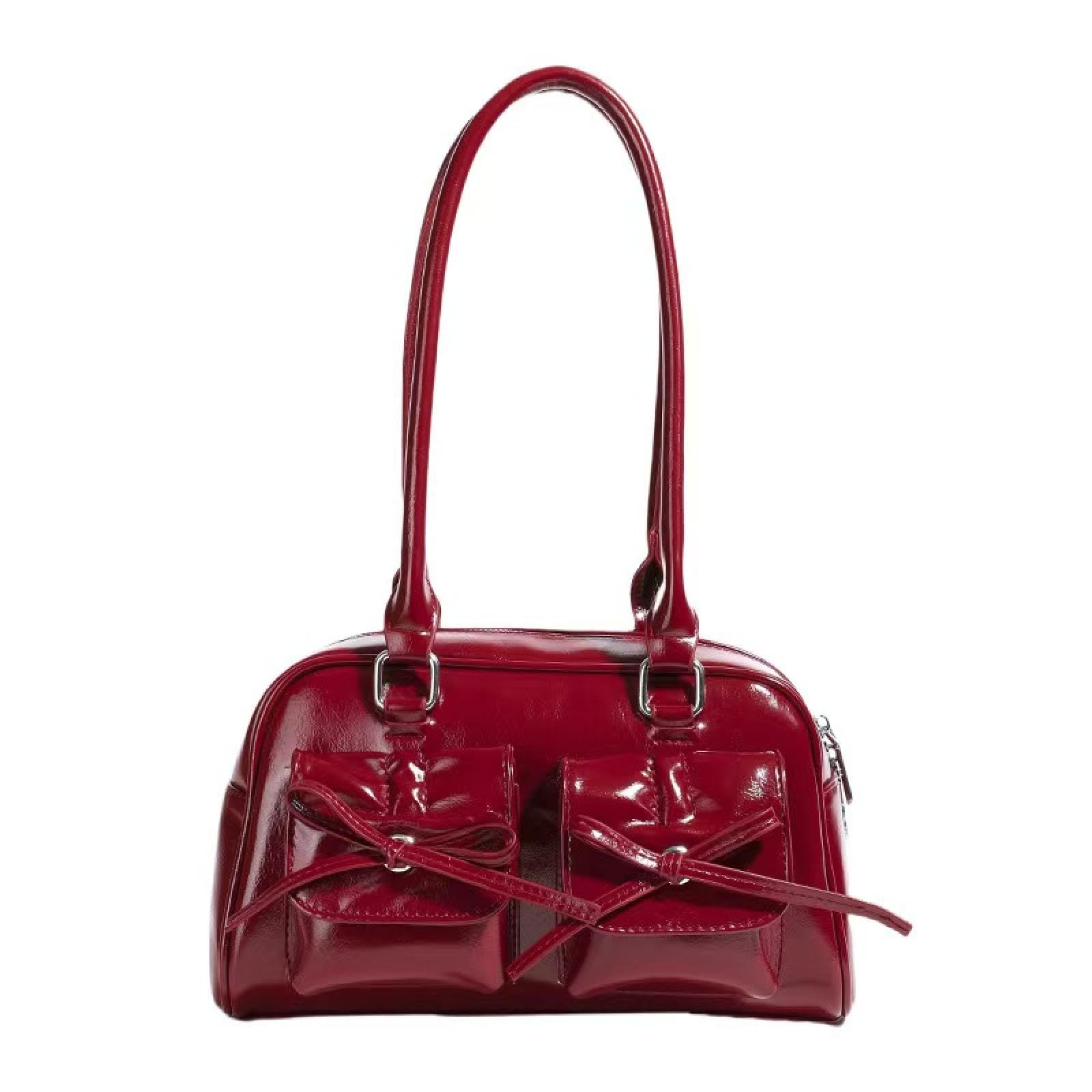 [Qtouzkul] ハンドバッグ レディース PUレザー ちょう結び Y2K かわいい 肩掛け 手提げ 軽量 おしゃれ ショルダーバッグ 財布 レッド