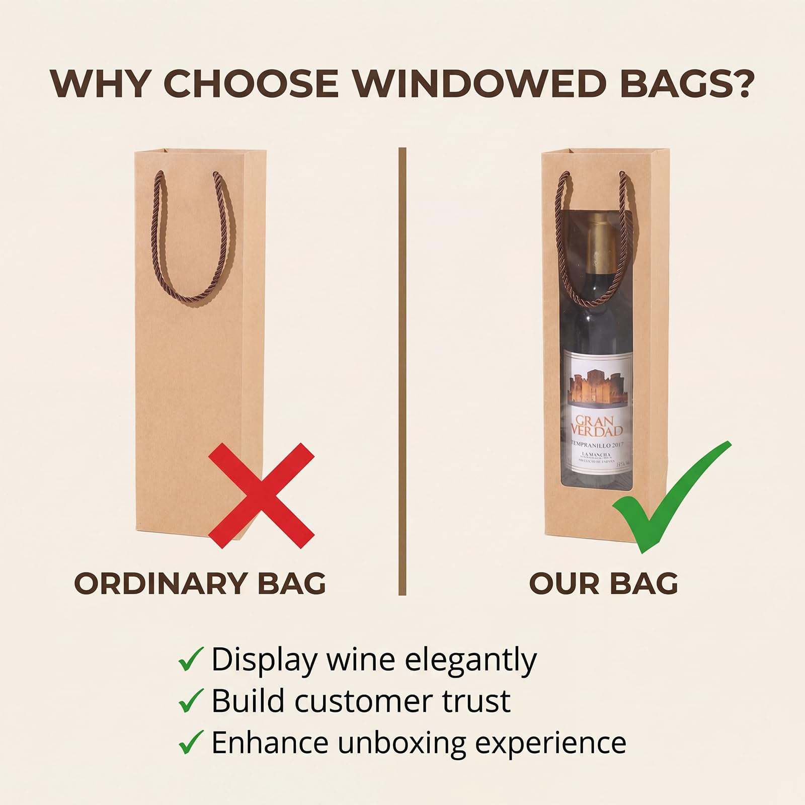 8PCS Wine Bottle Gift Bags Kraft Paper Bags with Handle Reusable with Clear Window for Birthday, Anniversary, Shopping, Christmas Party (3.7 x 3.5 x 14 inches) - 4