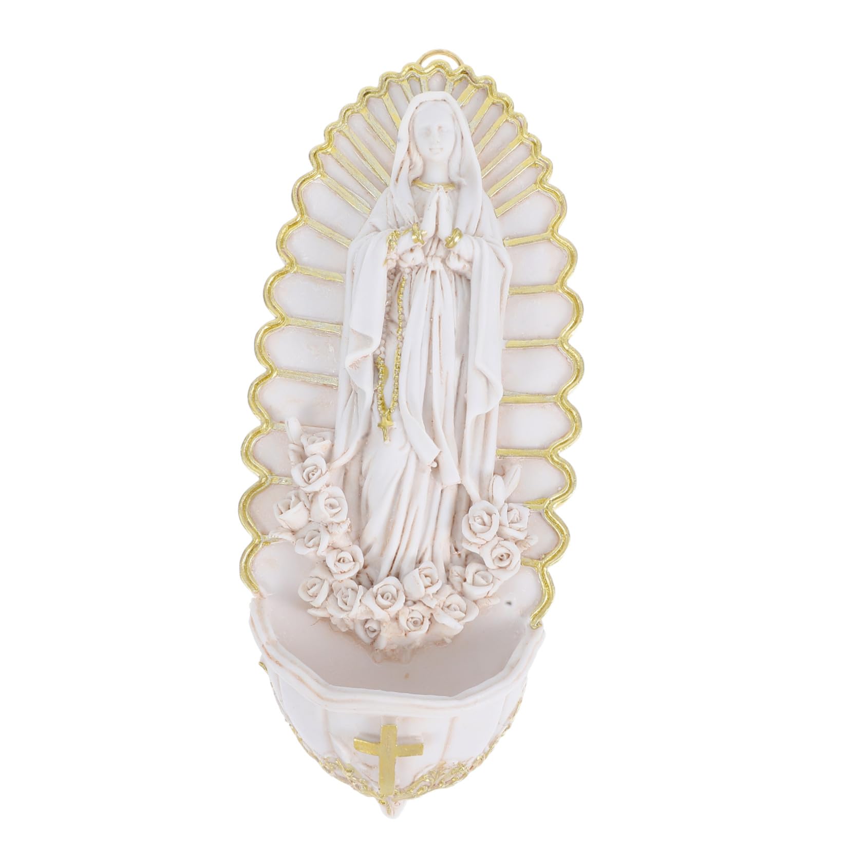 Pila de agua decorativa Virgen de Lourdes de resina tallada a mano beige