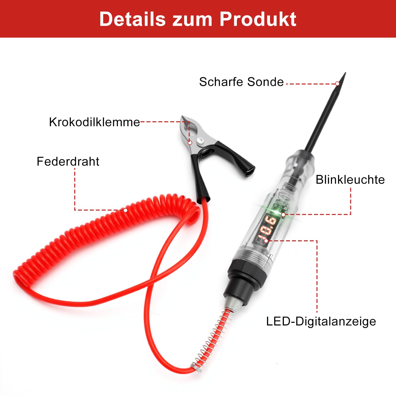 TNSLAND Tester di Tensione 4-120V DC Batteria Auto Tester per Circuiti Corrente con Indicatore Digitale LED Filo A Molla E Morsetto A Coccodrillo per Moto Auto