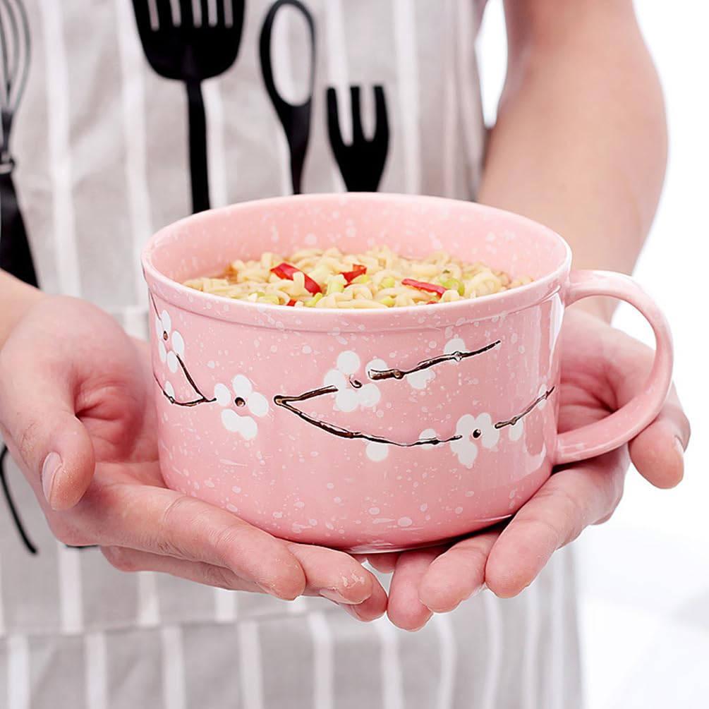 Taza Grande 800ml con Tapa y Asa Tazas de Cereales Cuenco de Fideos Flores de Cerezo entre Copos de Nieve Patrón para Ensalada de Fideos(Rosa)