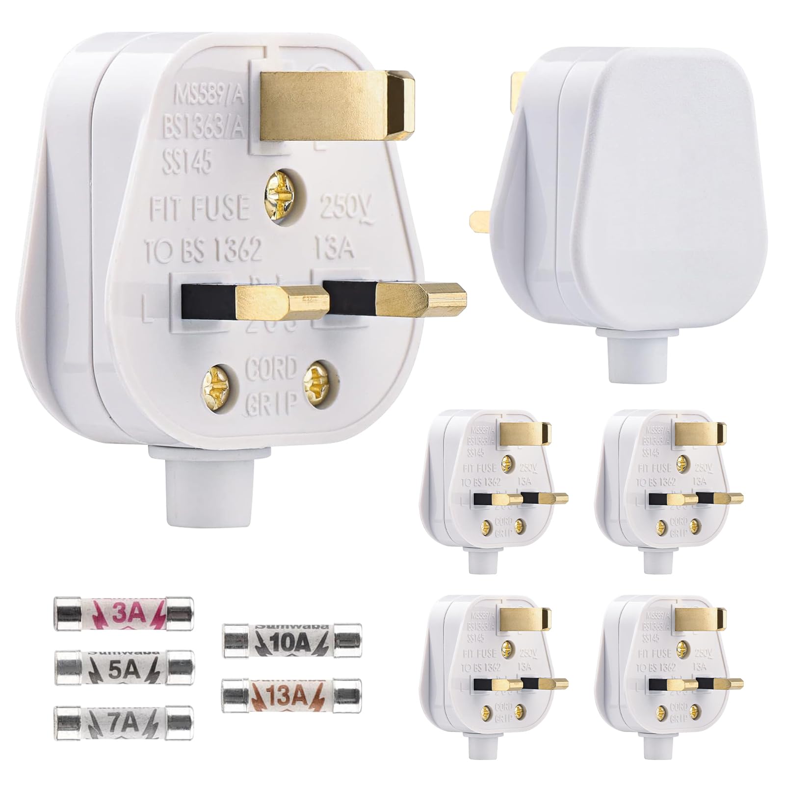 3 Pin Plug UK 13 Amp Plugs White Plug Fused Mains Plugs with 3A 5A 7A 10A 13A Domestic Fuses Kit (6)