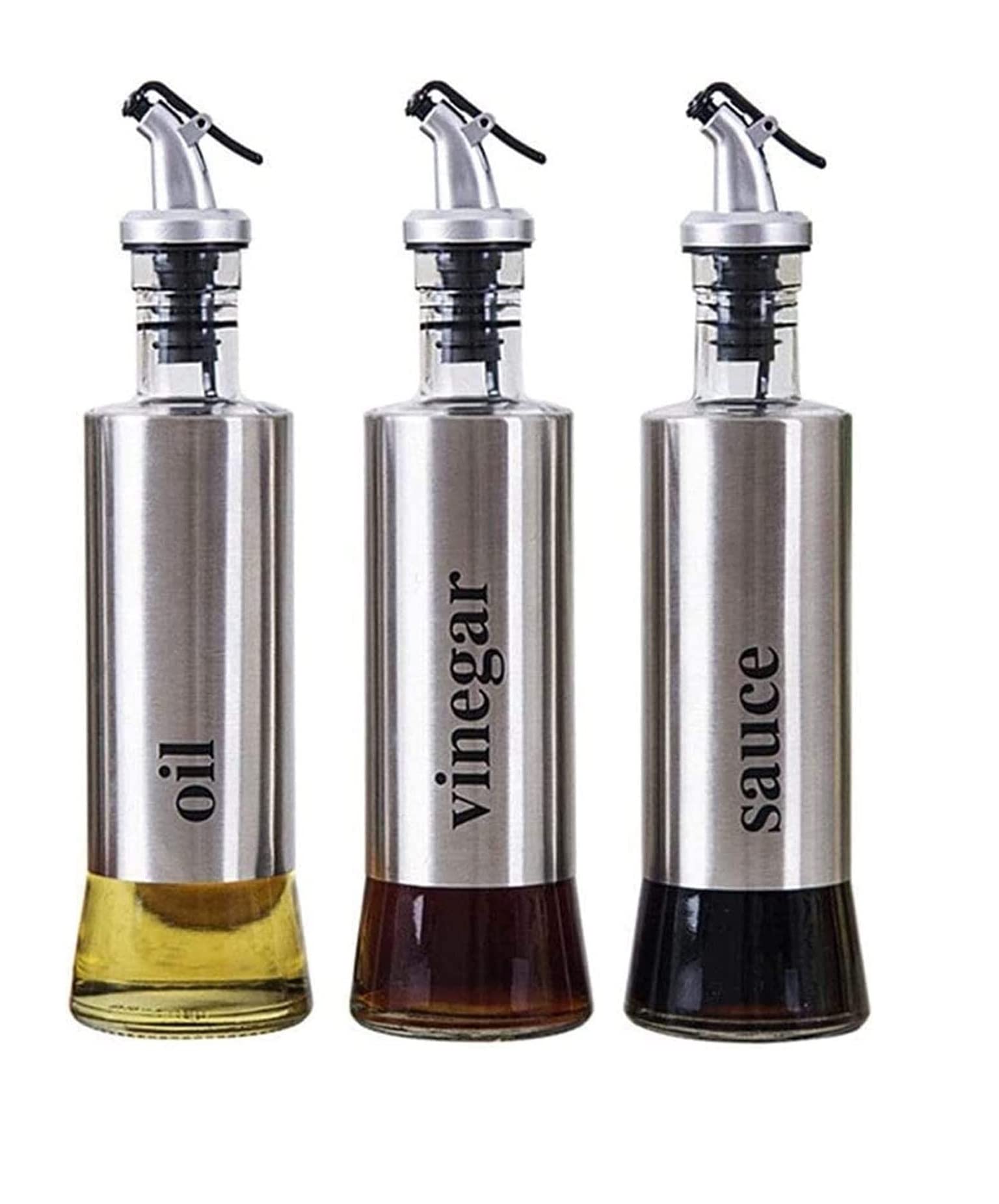 Dispenser per Olio e aceto, dosatore per Olio in Vetro per Uso Alimentare in Acciaio Inossidabile a Prova di perdite, dosatore per Olio (300 ml x 3) Bottiglie(