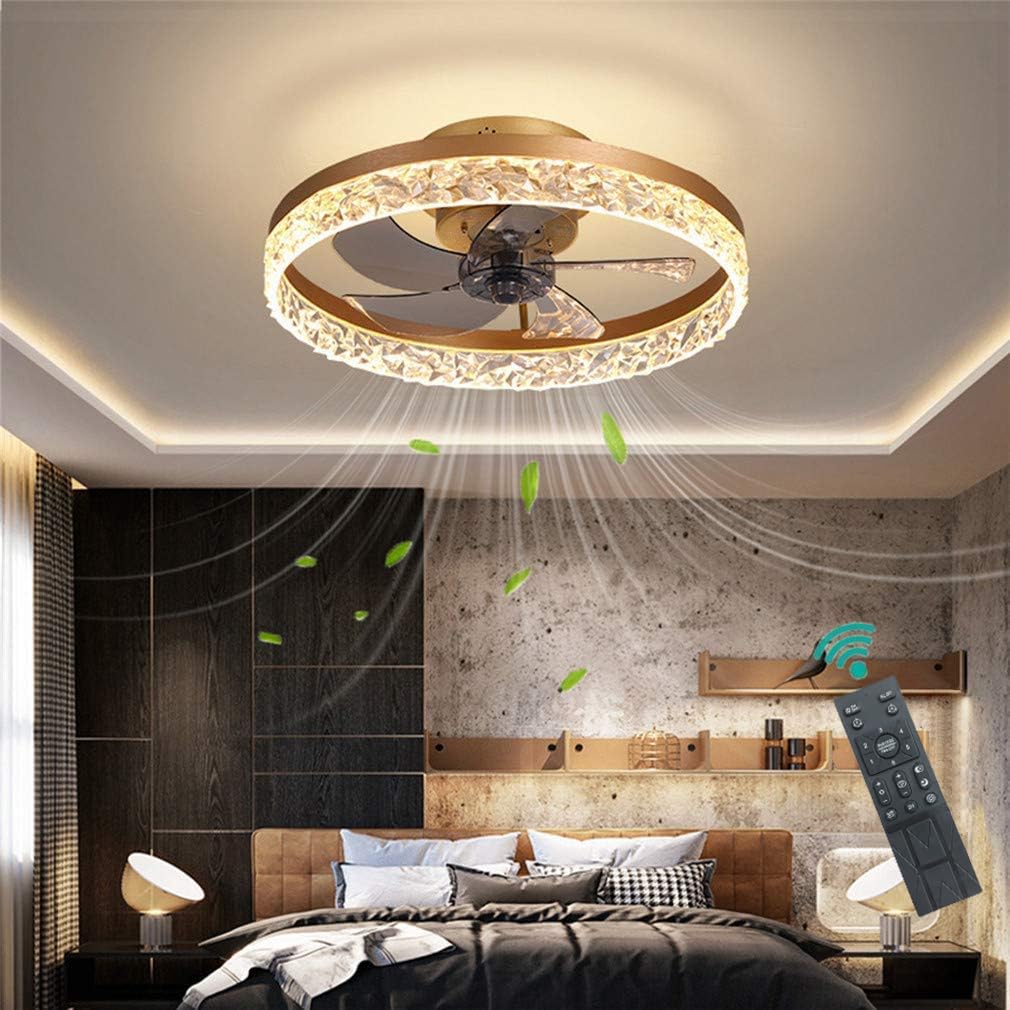 Plafonnier en cristal K9 avec télécommande à intensité variable, ultra fin 16,5 cm, ventilateur pour salon et chambre à coucher, ventilateur réversible, doré