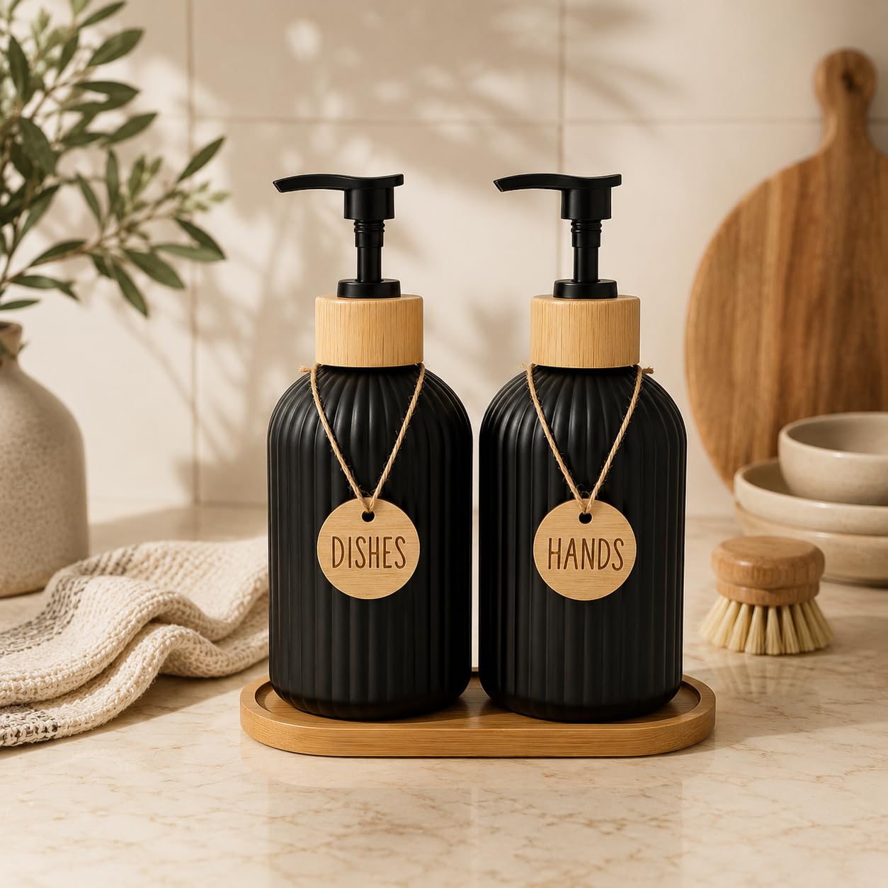 Whizzo Premium Black Matte Soap Dispenser Set with Bamboo Tray | Refillable Kitchen & Bathroom Dispenser Bottles | Dishes & Hands Pump Bottles with Wooden Tags | Countertop Organizer (LD-1002-Combo)-image-44