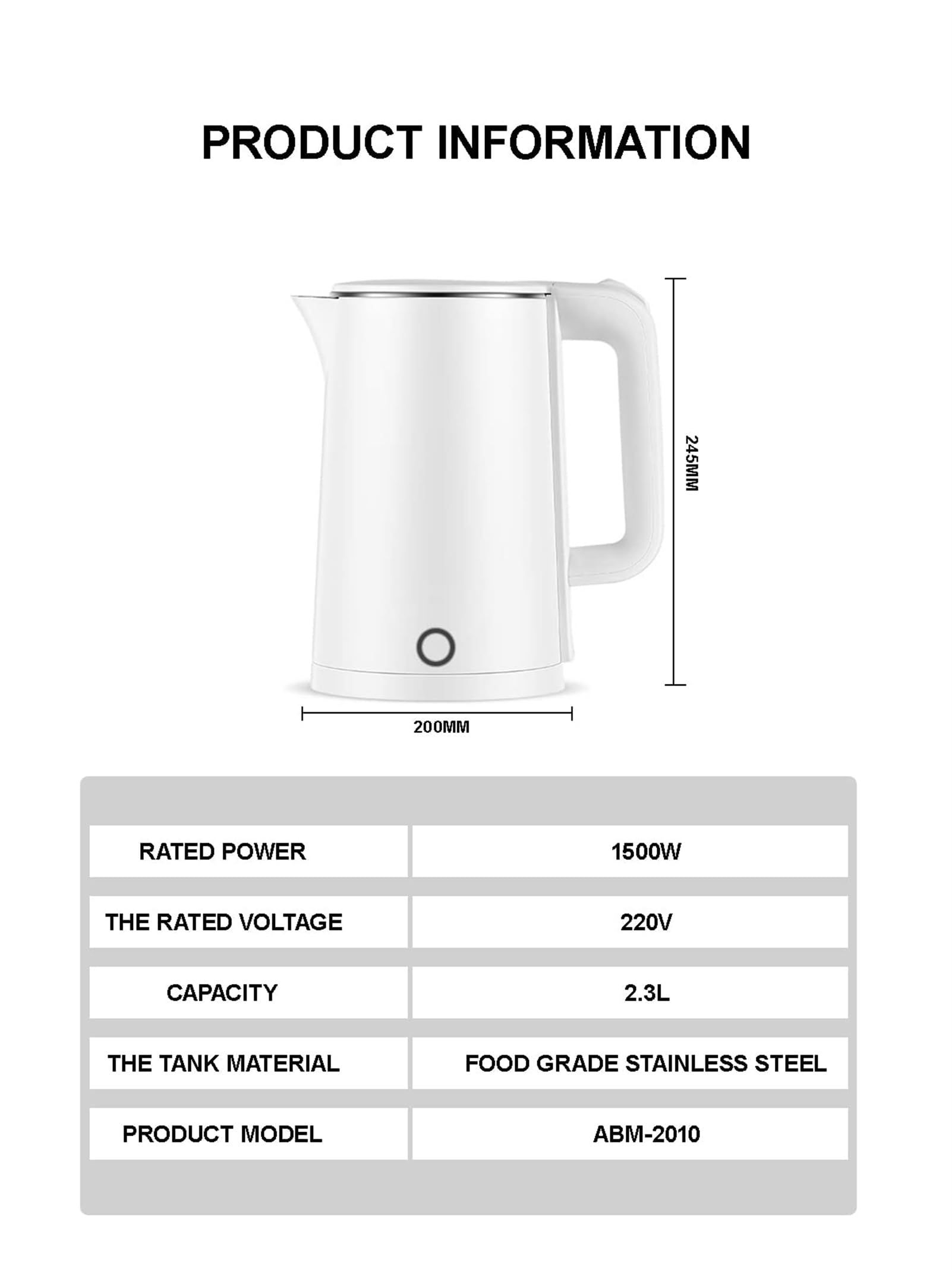 Hervidor de agua eléctrico de acero inoxidable 304, ebullición rápida, apagado automático, protección contra ebullición en seco, hervidor de café, 2 min, 1500 W, blanco, 2,3 L