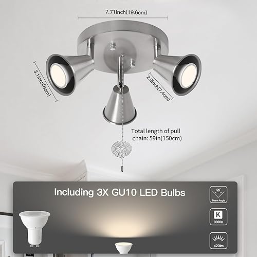 Miniatura 2 de SEEBLEN Iluminación direccional industrial de 3 luces con cadena de tracción de encendidoapagado, foco de techo redondo ajustable, luz de cocina de