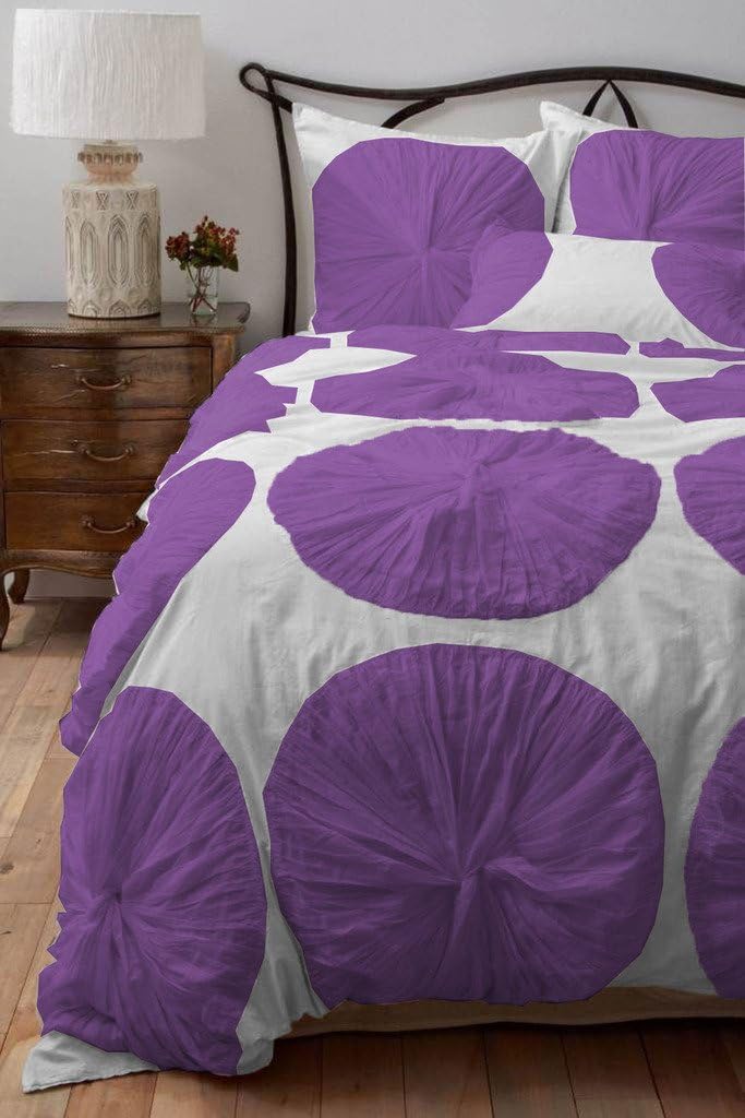 Scala Bedding Flower Ruffle Duvet Cover 1 Piece 650 TC Egyptian Cotton King Size Mix Colors Plum & White