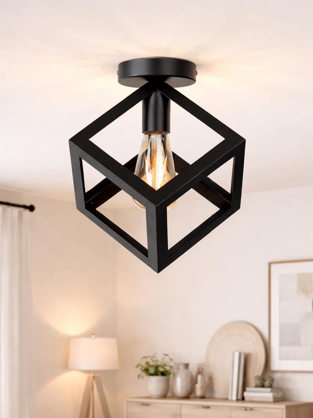 Modern Farmhouse Black Cube Ceiling Light – Semi Flush Mount Metal Fixture for Hallway, Living Room, Bedroom, Kitchen – Square Pendant Hanging Lamp for Home Décor (Black)-image-33