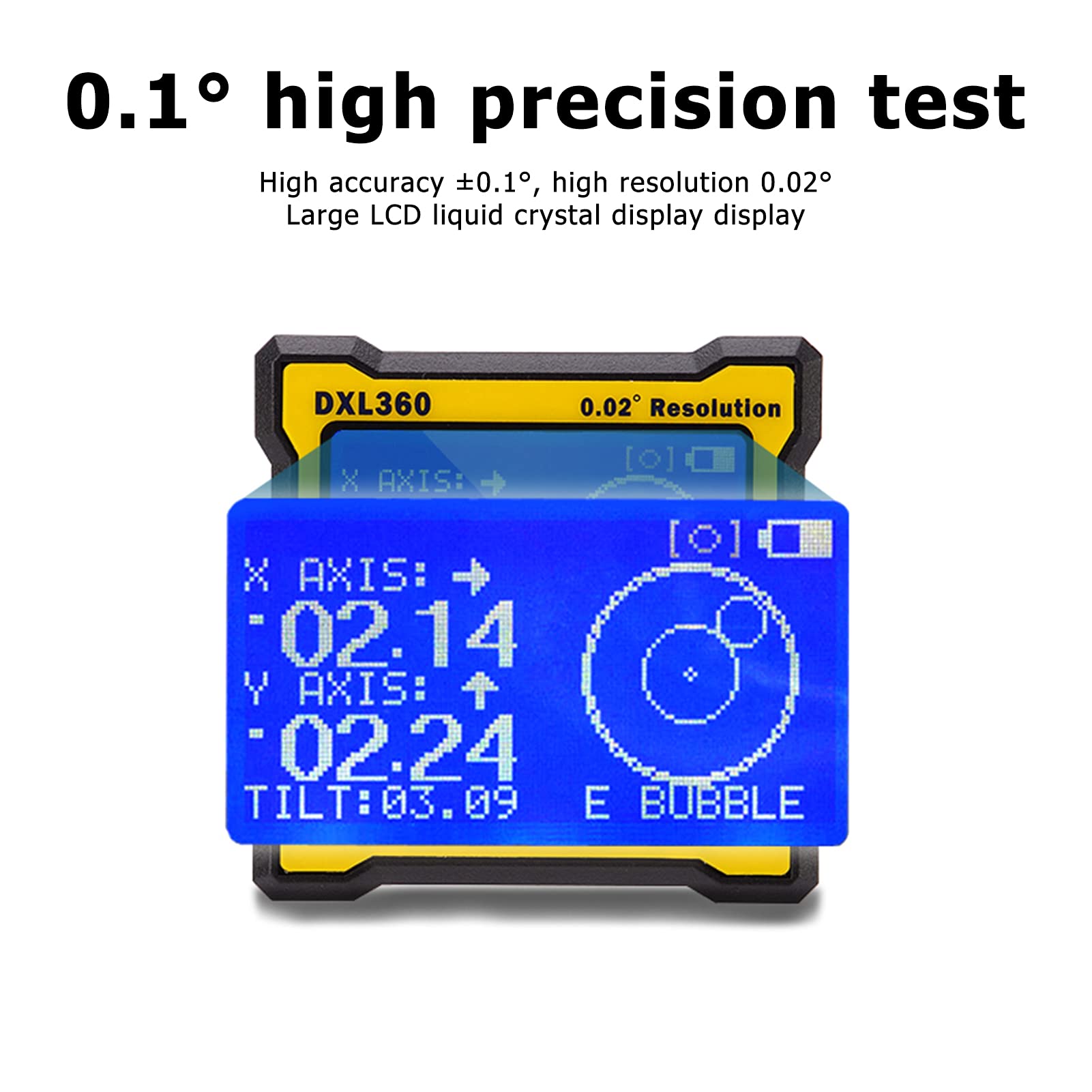 DXL360 Level Box DXL360 Boîte de mesure de niveau à double axe, rapporteur numérique, inclinomètre, règle d'angle, élévation, 0,02 ° Outil de mesure précis haute résolution avec écran LCD
