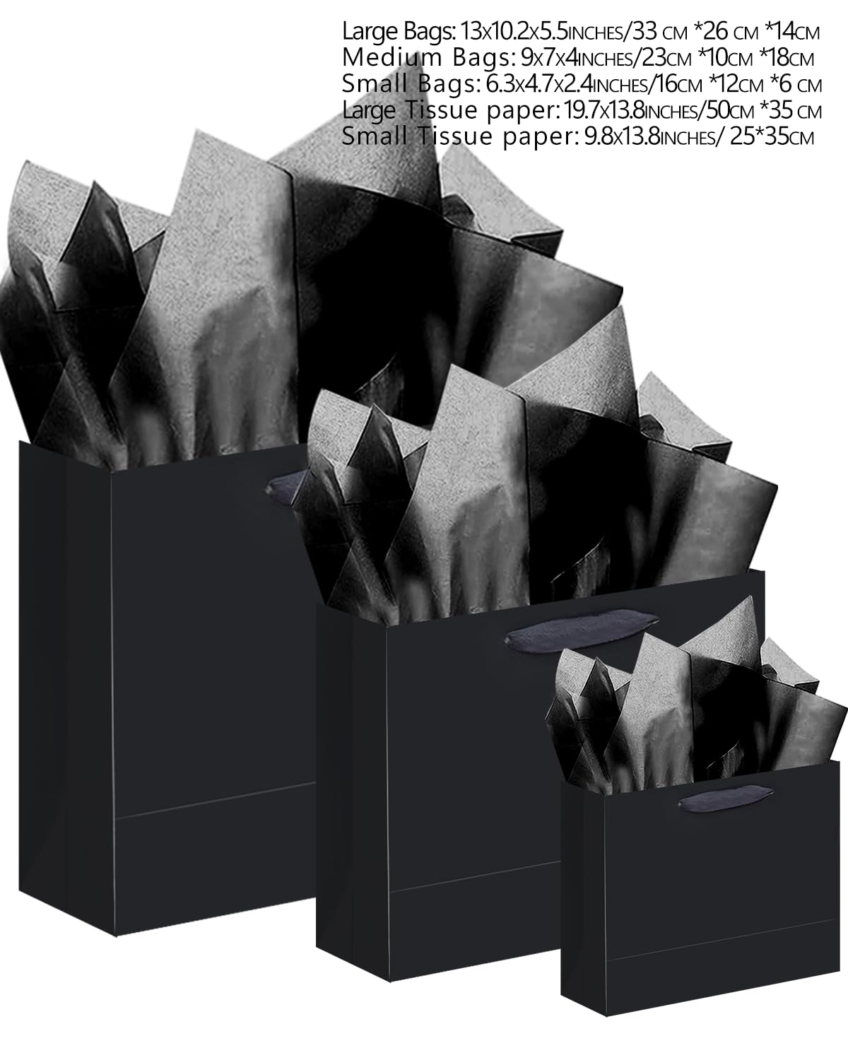 qiqee 10PCS Black Gift Bags with Ribbon Handles Mulit Assorted Sizes Gift Wide Bags (2pcs Large 13", 4pcs Medium 9.6", 4pcs Small 6.3",Tissue Paper)