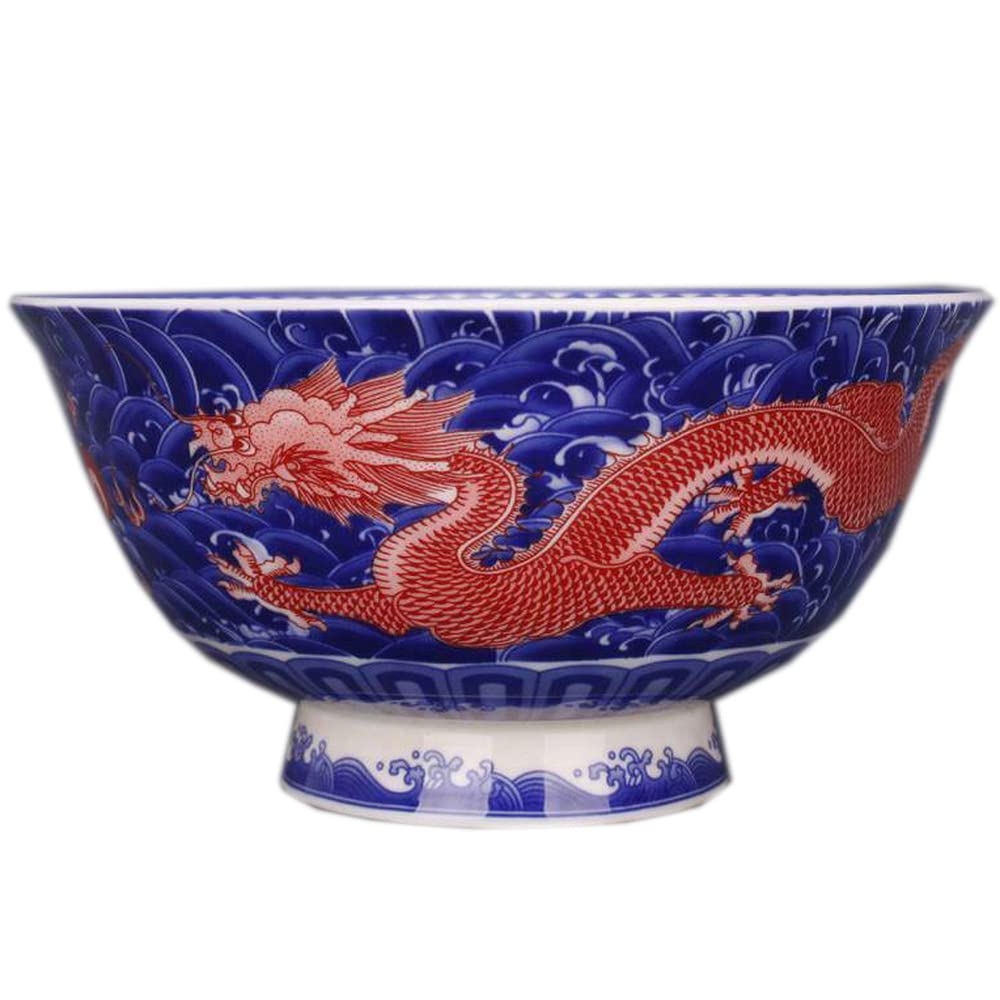 Bol à nouilles en porcelaine blanche et bleue Dragon traditionnel