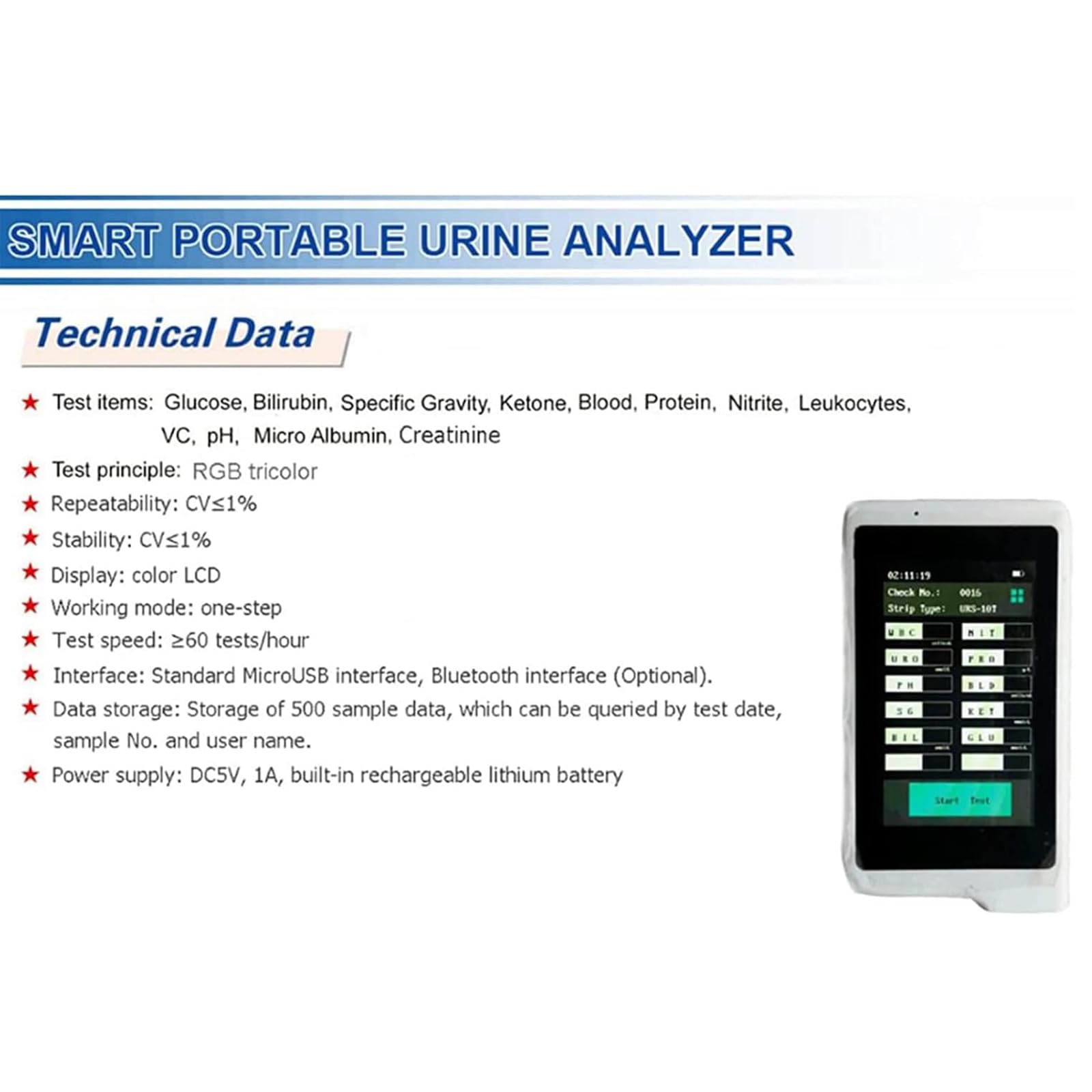 Analizzatore digitale delle urine con schermo a colori, 14 test di routine delle urine, carta per test pH, connettività Bluetooth per uso domestico e ospedaliero