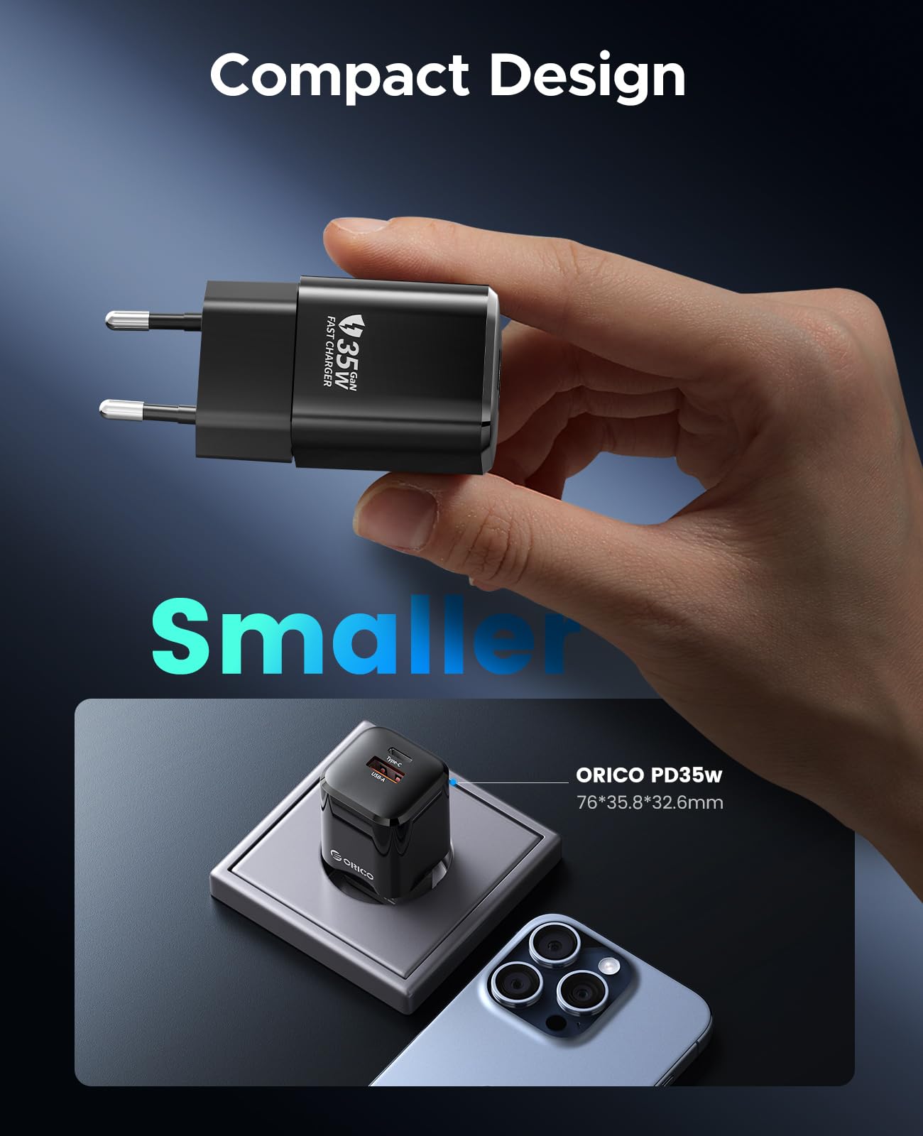 ORICO Chargeur USB C, Chargeur GaN35 W avec 60W Type