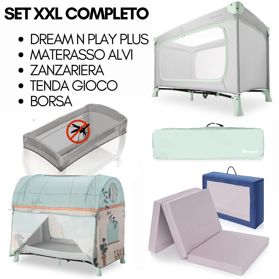 hauck Lettino Neonato Da Viaggio Dream N Play Plus - Set XXL Con Materasso, Tenda Gioco e Zanzariera - Culla Da Campeggio Pieghevole Con Borsa e Ampia Apertura - (Dusty Mint)