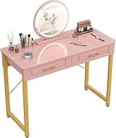 WESTREE Pink Vanity Desk with 2 Drawers & Storage Shelf, Glossy Makeup Table, Gold Frame Writing Desk for Bedroom Office - No Mirror
