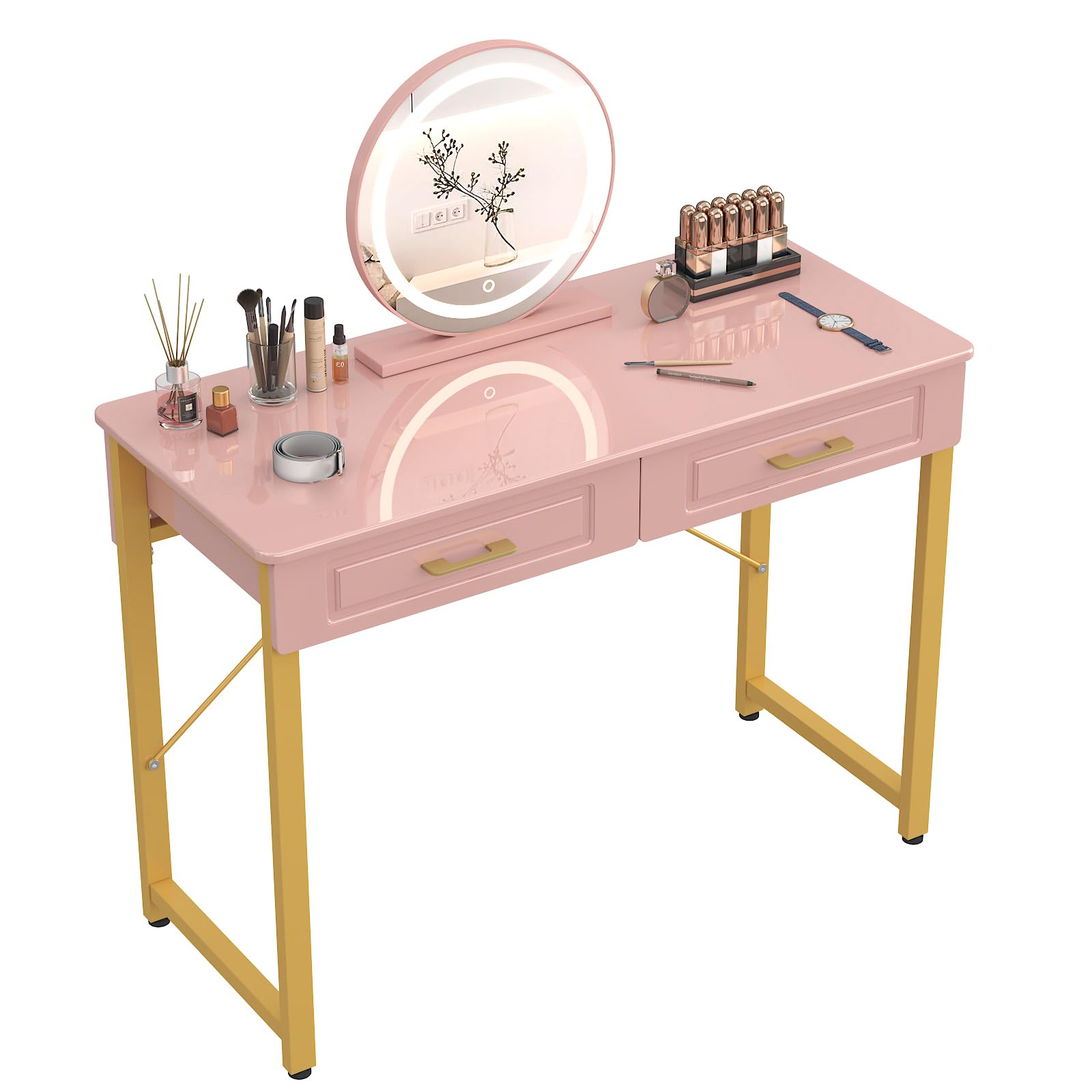 WESTREE Vanity Desk with 2 Drawers and Storage Shelf, Modern Makeup Table with Glossy Desktop, Gold Metal Frame Writing Desk for Bedroom or Home
