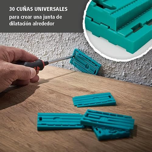 Miniatura 4 de Wolfcraft Set Para Suelos Perfectos Instalación De Suelos Laminados Y De Diseño I 6975000 I Kit Completo Compuesto Por Dispositivo De Tracción, Taco De Madera Y 30 Cuñas Universales